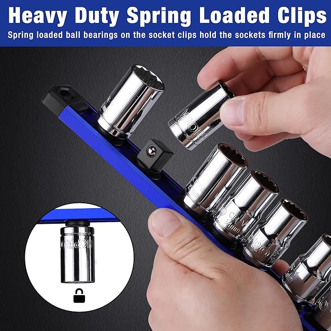 WORKPRO Magnetic Socket Organizer Set, 6-Piece 1/4” 3/8” 1/2” Socket Rails | 2-Piece 1/4-Inchx12 Clips, 2-Piece 3/8-Inchx10 Clips, 2-Piece 1/2-Inchx10 Clips, Aluminum Alloy, Rotatable & Movable Clip