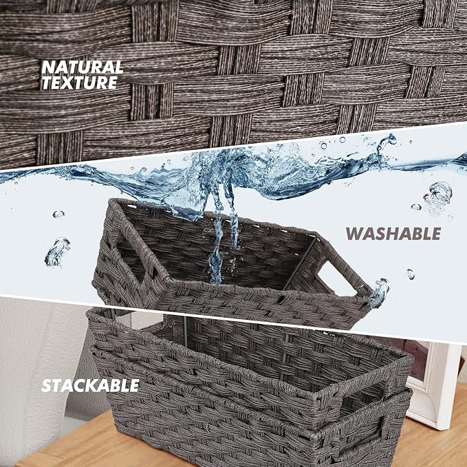 2-Pack Plastic Wicker Toilet Paper Baskets, 15.75"x6.75"x4.75", Dark Grey | onlytak woven bins for bathroom, toilet tank, shelf organization, and home decor.