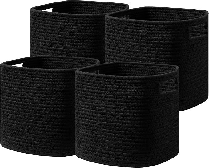 UBBCARE Set of 4 Storage Bins - 11 X 10.5 X 10.5 in, Cotton Rope Bins for Shelves, Toys, Books, Cube Storage with Handles, Woven Black Basket for Organizing
