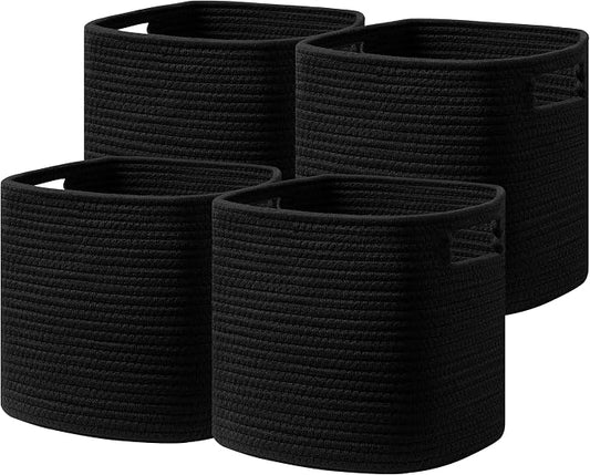 UBBCARE Set of 4 Storage Basket-13 X 13 X 13 in, Cotton Rope Basket for Shelves, Toys, Book, Cube Storage Bins with Handles, Woven Storage Basket for Organizing, Black