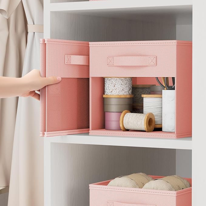 DIMJ Cube Bins, 12.2-Inch Storage Bins Cubes with Window, 6 Packs Collapsible Storage Bins with Handles, Closet Storage Baskets for Organizing Living Room, Office, 6 Pack,Pink