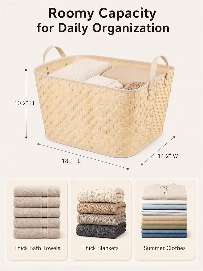 BROWNLILY Oversized Storage Baskets Laundry Hampers with Structured Frame & Supported Bottom, Extra Large Closet Bins for Shelves Blankets Car Bedroom Bathroom Organizers (Pack of 4, Natural)