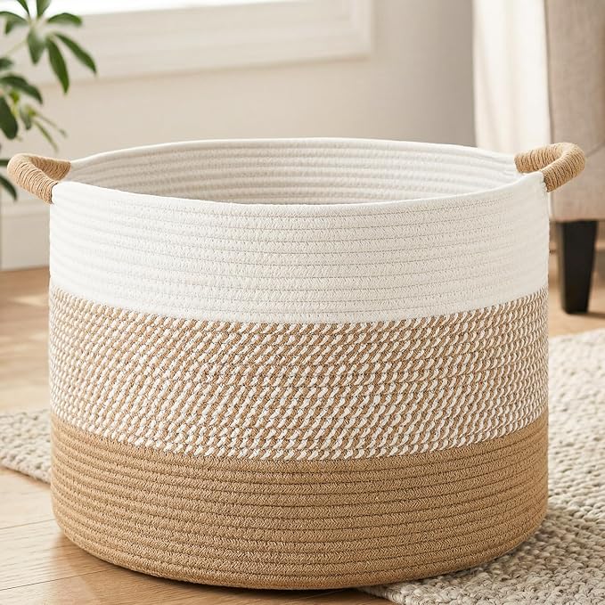 Artfeel 40L Large Cotton Rope Basket, Decorative Woven Blanket Storage for Living Room, Boho Toy Storage & Toy Box for Kids, Versatile Laundry Basket & Nursery Hamper for Blankets(Brown)