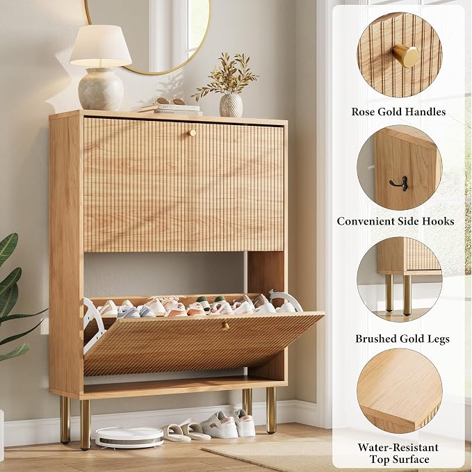 Shoe Storage Cabinet for Entryway - Ultra Slim Shoe Cabinet with Tiered Fluted Design - Modern Shoe Organizer for Entryway with Gold Legs, Hidden Shoe Rack for Small Spaces, Fits Men's Size 13.5