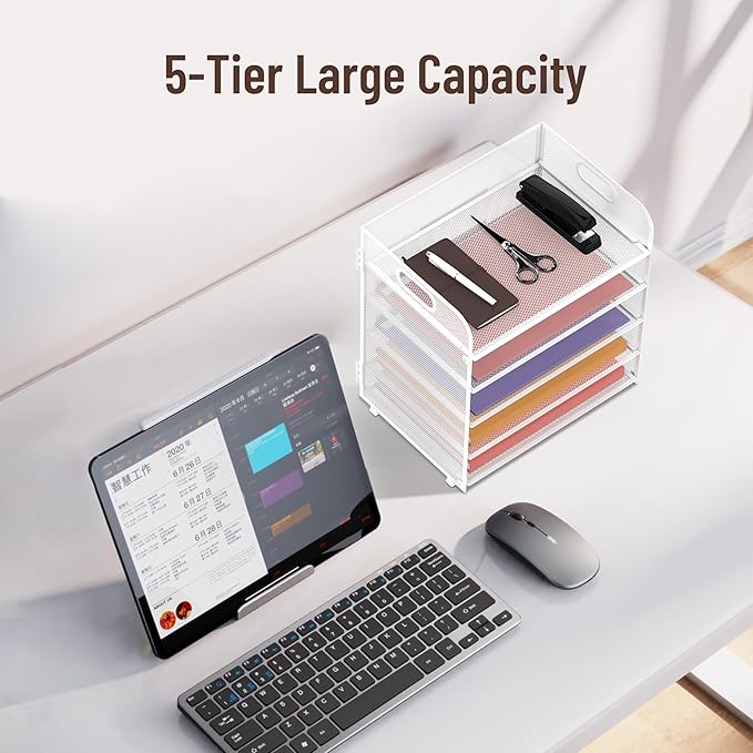 Supeasy 5 Trays Paper Organizer Letter Tray with Handle-Mesh Desk File Holders, Paper Sorter Desk Organizer for Office, Home, Classroom or School, White