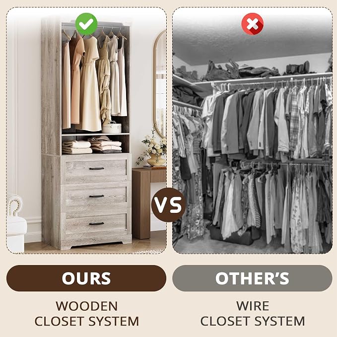 IRONCK Freestanding Closet System with Adjustable Shelves & 3 Drawers | Closet Organizer with Hanging Rod, Ideal for Bedrooms, Apartments and Small Closet Storage