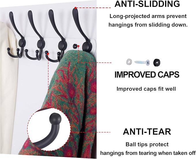Dseap Wall Mounted Coat Rack - 5 Tri Hooks, Heavy Duty, Stainless Steel, Metal Coat Hook Rail for Coat Hat Towel Purse Robes Mudroom Bathroom Entryway (White & Black, 2 Packs)