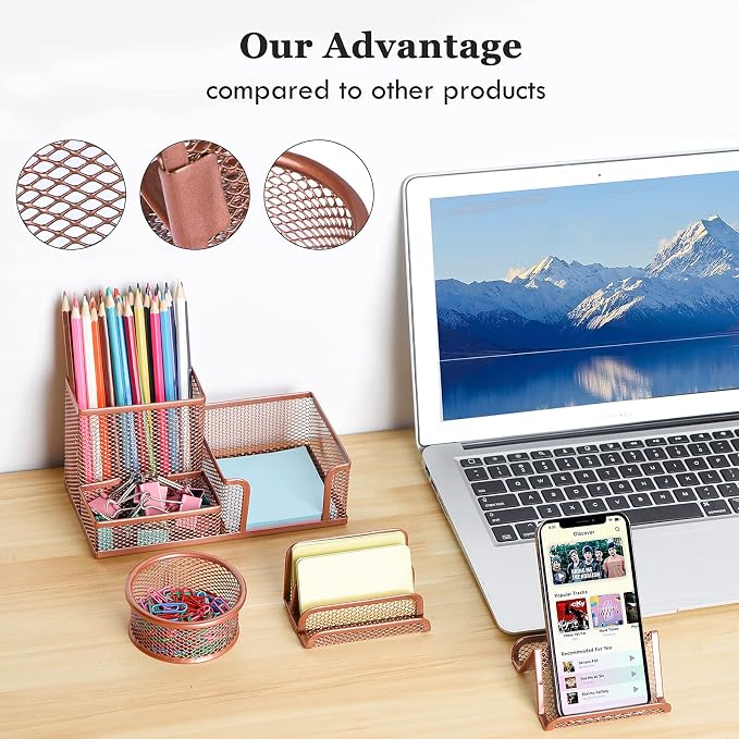 Pen Holder for Desk, 6 Pieces Mesh Desk Organizer set 3 Compartments pens holder, Mail Organizer Letter Holder Home Office Supplies Caddy Storage Baskets for Desktop Accessories(6 Pack, Rose Gold)