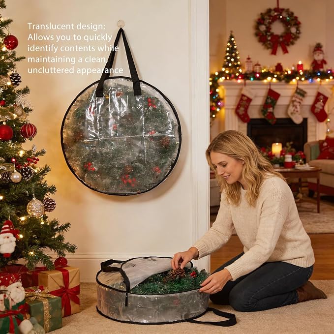 Hayoulabo 2 Pack Clear Christmas Wreath Storage Bags 24 Inch - Waterproof Wreath Container with Dual Zipper and Reinforced Handles for Artificial Wreath, Garland and Holiday Decor Organization