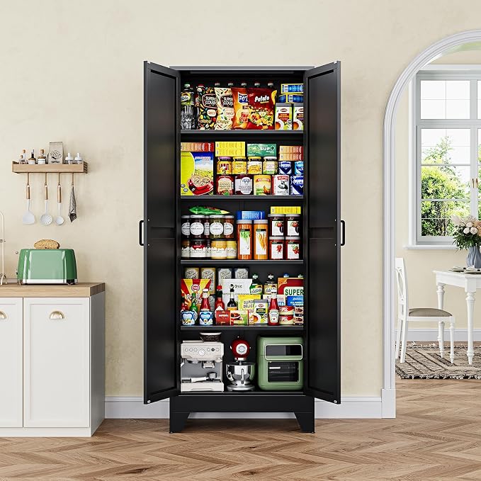 Letaya 75" H Metal Storage Cabinet with 2 Doors and 4 Shelves,Tall Kitchen Pantry Cabinets,Farmhouse Utility Pantry Organizers for Cupboard/Dining/Bathroom/Home Office/Garage Room,Black