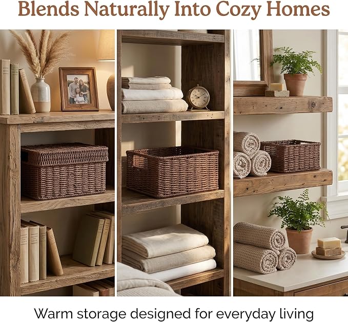 Wicker Storage Basket with Lid for Shelves, 3-Basket Set, Dark Brown | One rectangular wicker basket with lid and two open baskets for decorative shelf storage; removable lid flips into a tray.