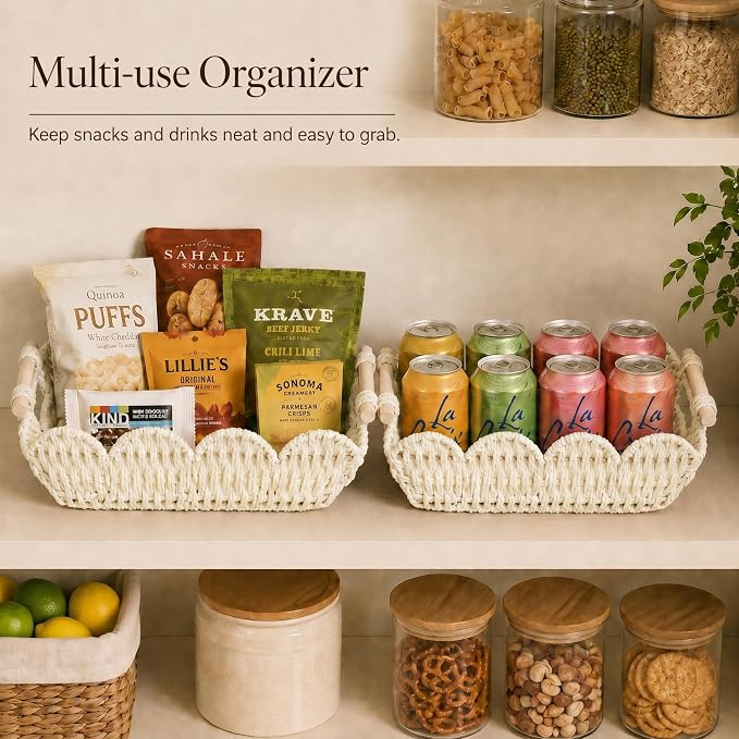 Coeusy Scalloped Basket, Paper Rope Basket for Gifts with Handles, Cute Storage Basket for Display,Decorative,Shelves,Snack,2 Pack, White