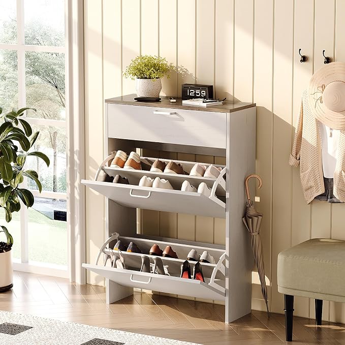 VINGLI Shoe Cabinet Storage for Entryway,Rustic White Narrow Shoe Rack,25"W | 8–12 Pairs,Skirting Board Cutout,1 Drop-Down Drawer,9.4"D Ultra Slim,Washed White & Vintage Brown,2 Flip Drawers,Farmhouse