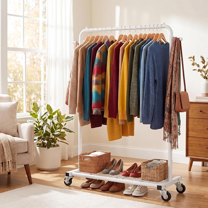 Sywhitta Metal Clothing Rack on Wheels with Mesh Shelf, for Clothes,White | Rolling Garment Rack for Hanging Clothes, Coats, Skirts, 39.76" L x 16" W x 63.78" H,Space-Saving Mobile Organizer for Closet