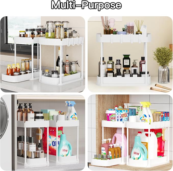 Ukeetap 2 Pack Multi-Purpose Pull-Out Storage Organizers, Under Sink Organizers and Storage for Bathroom & Kitchen, Under Cabinet Organizers and storage, 14.8 Inch, White