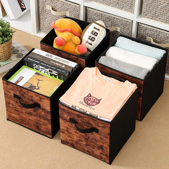 Stero Fabric Storage Cubes, 3 Pack Foldable Storage Bins with Handle, 11 Inch Storage Baskets Box for Shelves, Closet, Organizer, Rustic Brown and Black