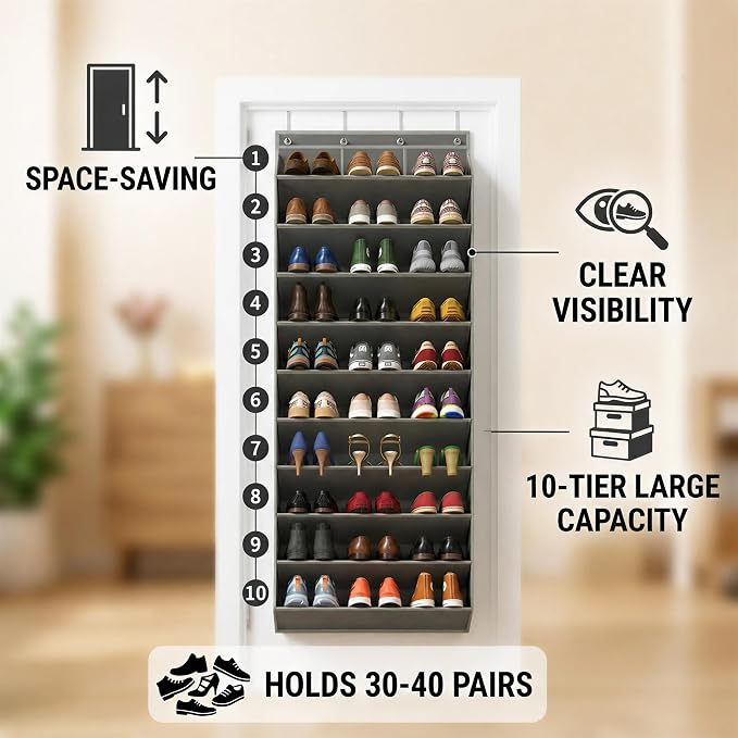 30 Pairs Over the Door Shoe Organizer, Extral Large Hanging Shoe Rack Storage for Closet, 10-Tier Heavy Duty Shoe Holder for Boots Sneakers (Grey)