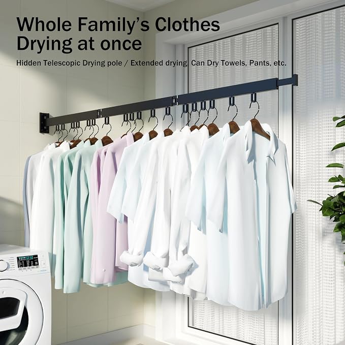 HEILAIYI Clothes Drying Rack,Laundry Drying Rack,Wall Mounted Clothes Rack,Laundry Rack Wall Mount,Folding Retractable Collapsible Drying Rack Clothing (Three-Poles,Loop Shape Hooks)