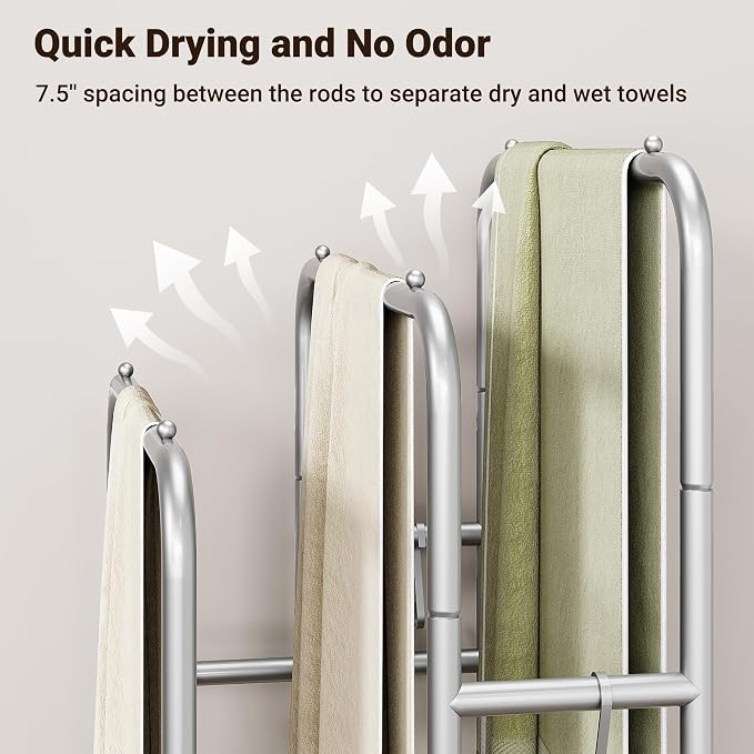 ELYKEN 40" H Freestanding Towel Rack with Shelf, 3 Tier Towel Stand, Silver | Metal Drying Rack for Oversized Bath Towels & Blankets, 4 Hooks, Indoor & Outdoor Use, Fits Bathroom, Tub, Shower, Poolside