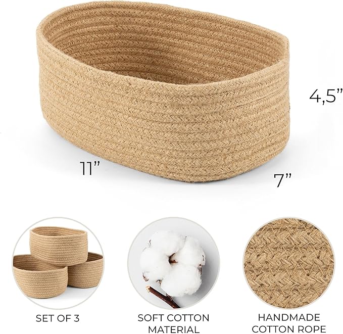 Beautiful Storage Basket Set of 3 - Sturdy Jute Rope Baskets for Shelves Are Perfect for Organizing Your Home - Quality Storage Bins Easily Fit With Any Nursery or Bedroom Decor