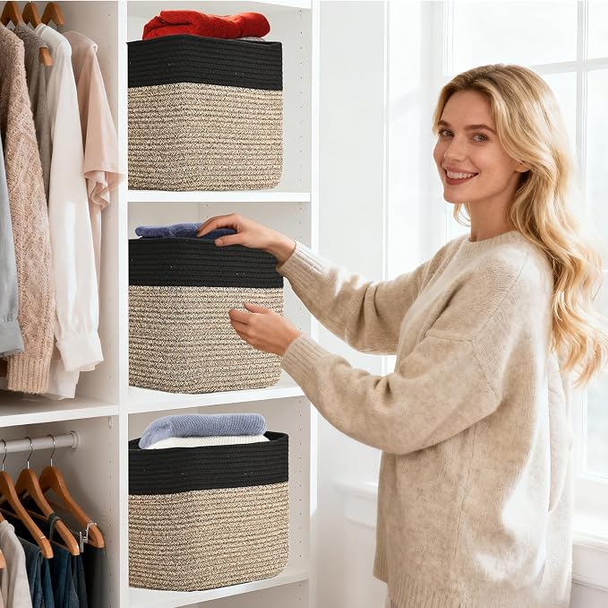 3 Pack Cube Storage Bin, 12”x12”x10” Cotton Rope Woven Baskets for Organizing Toys Clothes Towels, Square Gift Storage Baskets for Shelves, Nursery, Closet, Bathroom, Pantry (Black & Brown)