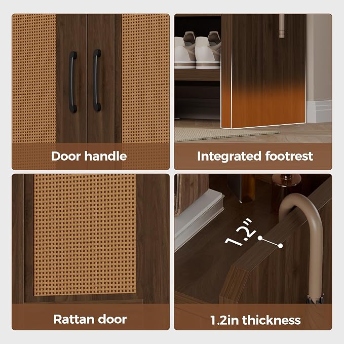 6-Tier Shoe Cabinet Storage for Entryway, Rattan Shoes Organizer Cabinets with Doors, Wooden Shoe Rack, Farmhouse Boho Wood Storage Cabinet (Walnut, 6-Tier)