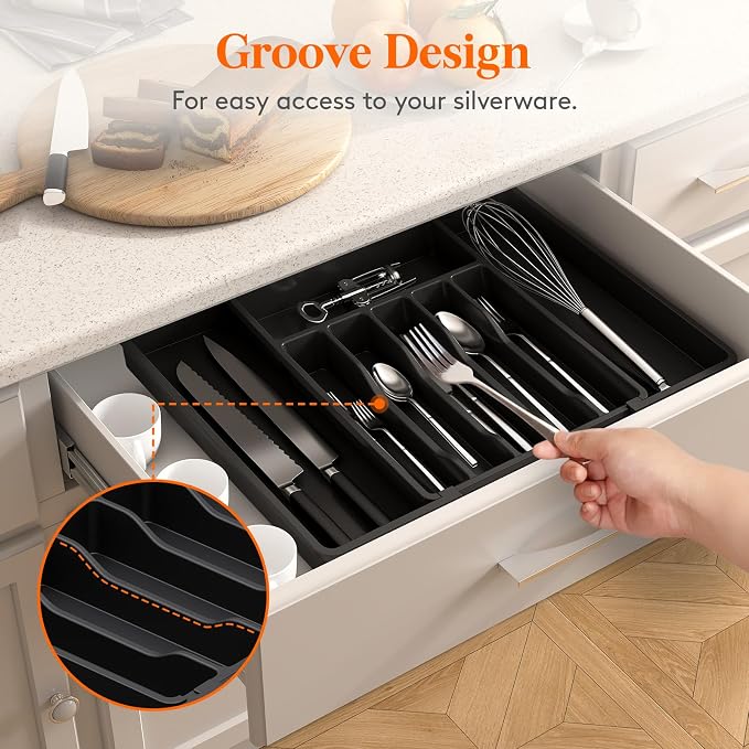 Lifewit Silverware Drawer Organizer, Expandable Utensil Tray for Kitchen, BPA Free Flatware and Cutlery Holder, Adjustable Plastic Storage for Spoons Forks Knives, 33 -57 x 42cm, Black