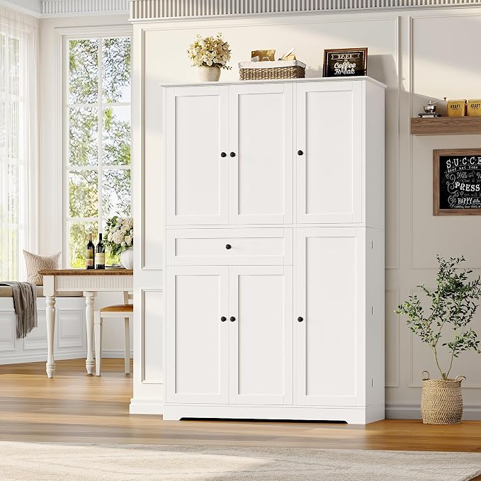 HOSTACK 68" Tall Kitchen Pantry Storage Cabinet with Doors & Shelves, White | Large Pantry Cabinet with Door Rack, Freestanding Kitchen Storage Cabinet with Drawer, Food Pantry for Dining Living room