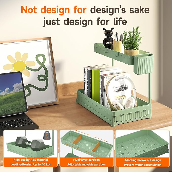 Sevenblue 3-Pack 2-Tier L-Shaped Under Sink Organizers with Sliding Drawers | Multi-use kitchen & bathroom storage, 14.85 inch green cabinet organizer, space-saving sliding drawer design.
