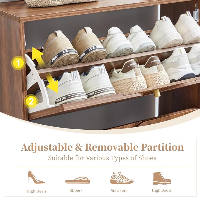BERRYMERRY Shoe Storage Cabinet with 2 Flip Drawers with Fluted Recessed | narrow,entryway,16 pairs shoe,shoe organize,hidden shoe rack,fluted panel,wave pattern,wood,space saving