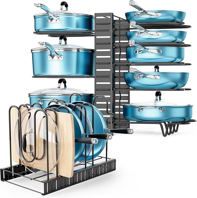 Pots and Pans Organizer Under Cabinet 16.6" 8-Tier Adjustable 2-Pack | 3 DIY Modes, Tool-Free Assembly, Non-Slip, Fits Lightweight Pots Up to 11", For Kitchen Cabinets, Shelves & Countertops