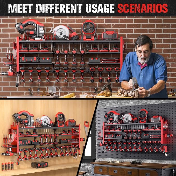 49.8" Power Tool Organizer Wall Mount,Holds 18 Cordless Drills | Large 4-Tier Tool Storage Rack, Heavy Duty 450 lb Load Capacity for Garage Workshop, Black, Gift for Men