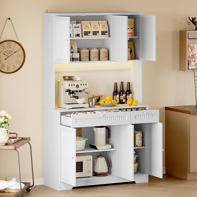 BORNOON Pantry Cabinet with Charging Station and Light, Tall Kitchen Pantry Storage Cabinet with Microwave Stand, Wide Fluted Kitchen Hutch with Storage Drawers and Adjustable Shelves for Dining Room