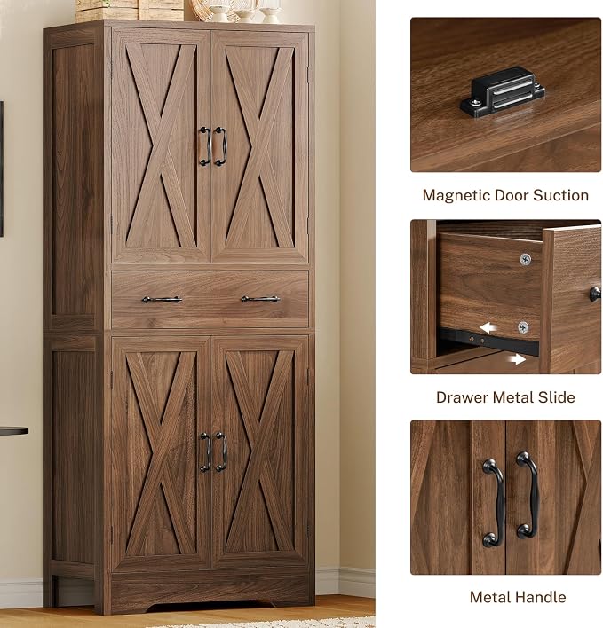 TEENFON Tall Storage Cabinet with 2 Adjustable Shelves & 1 Large Drawer, Kitchen Pantry Cabinet with 4 Doors, Bathroom Storage Cabinets, for Living Room, Kitchen, Bathroom, Walnut