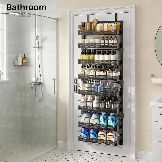 SNTD 8 Tiers Over the Door Organizer - Height Adjustable Pantry Organizers and Storage with Dense Mesh Baskets, Anti-Swing Hanging Door Spice Rack for Kitchen Bathroom (Black, 17" W x 6" D x 69" H)