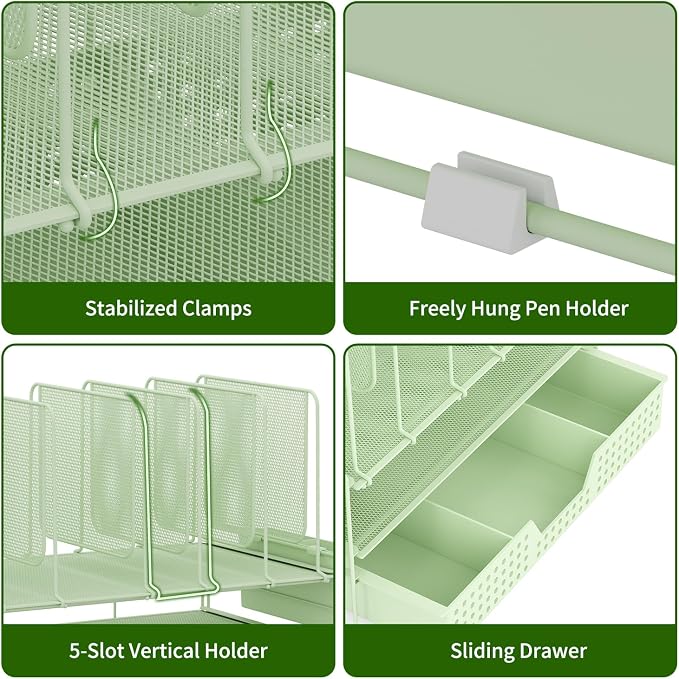 LEKETREE Green Desk Organizer, Office Organization with Vertical File Holder, File Organizer with Drawer and Pen Holder, Desk Accessories and Workspace Organizers for Home Office (Green)