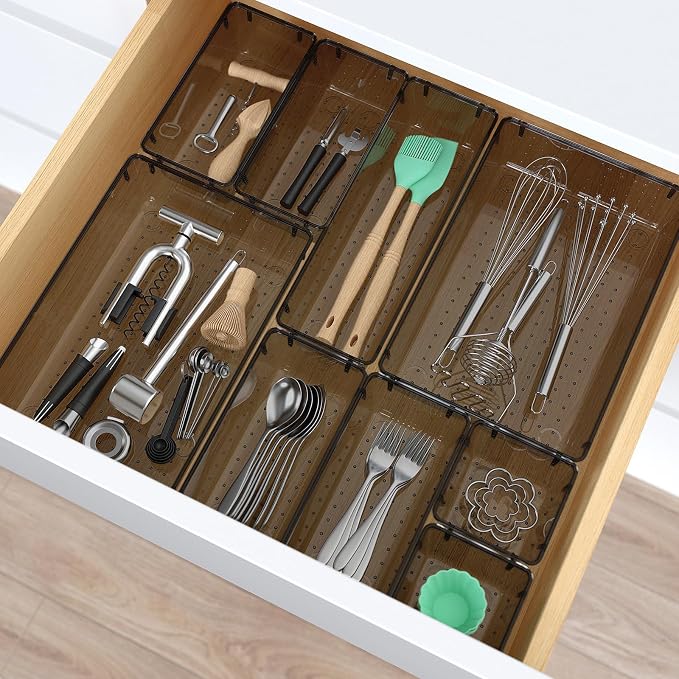 StorMiracle 13 PCS Clear Plastic Drawer Organizers Set, 4 Size Desk Drawer Organizer Trays for Makeup, Jewelry, Kitchen Utensils, Gadgets and Office Accessories, Black