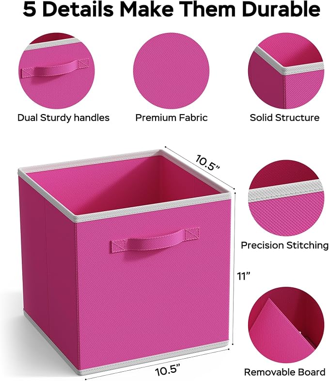 MAX Houser Fabric Cloth Storage Bins,Foldable Storage Cubes Organizer Baskets with Dual Handles for Home Bedroom Storage,Set of 6(Pink)