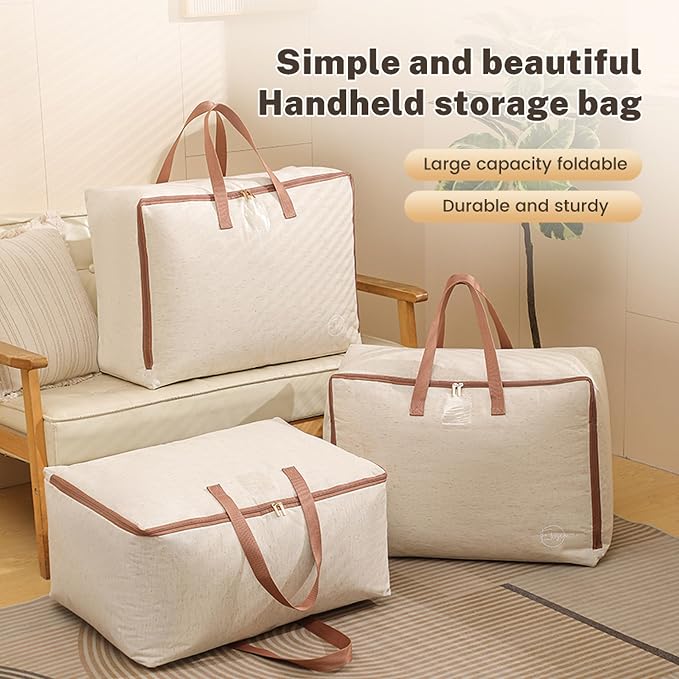 82L Storage Bag for Clothes, Comforters, Blankets, Bedding, Pillows, Stuffed Toys, Jackets with Sturdy Handles, Clear Label Tag, Zippered, for use at Home, Travel or Move, 24x17x12 (Beige, Large)