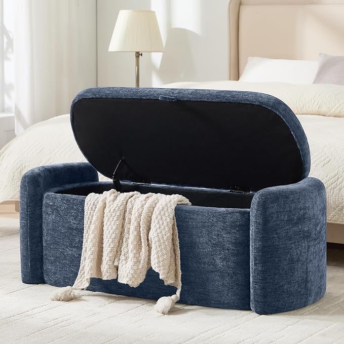 Oval Ottoman Bench with 20 Gal of Storage Space Upholstered Chenille Seat End of Bed Storage Bench Storage Ottoman with Storage for Bedroom, Living Room, Entryway, Window(Blue)