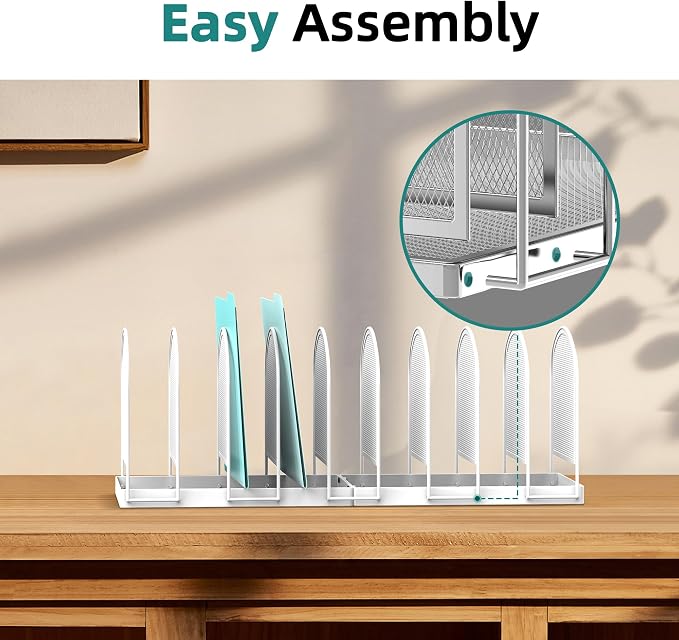 SUPEASY 9-Section File Organizer for Desk, Metal File Folder Holder, White | 9 Vertical Compartments with Sturdy Metal Base for Office Documents Books Magazines and Laptop