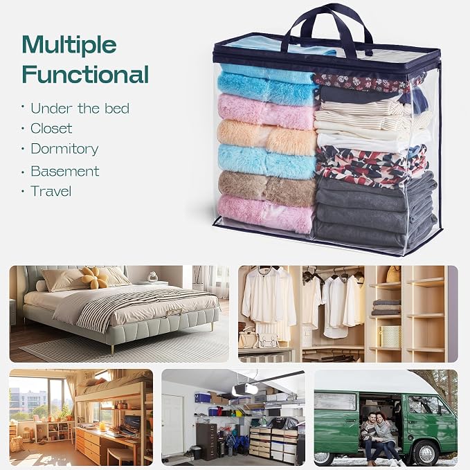 5 Pack Clear Storage Bags for Clothes, 22L Blanket Storage Bags, Under Bed Storage, Closet Organizers Bag, Upgraded Version Two-Way Zippers Design(Navy Blue)