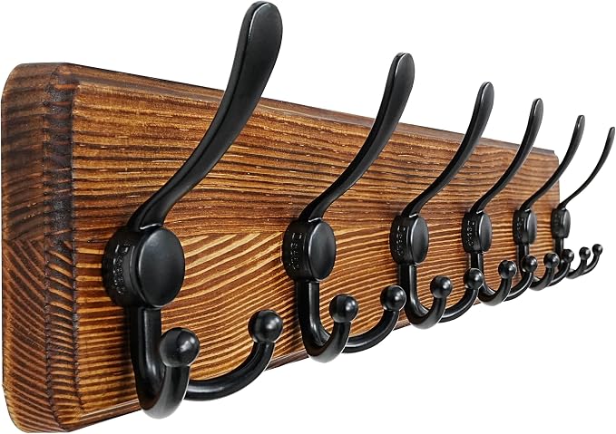 Coat Rack Wall Mounted - 24" Long 6 Tri Hooks, Heavy Duty Wooden Wall Coat Hanger Coat Hook for Clothes Hat Jacket Clothing, Natural and Black