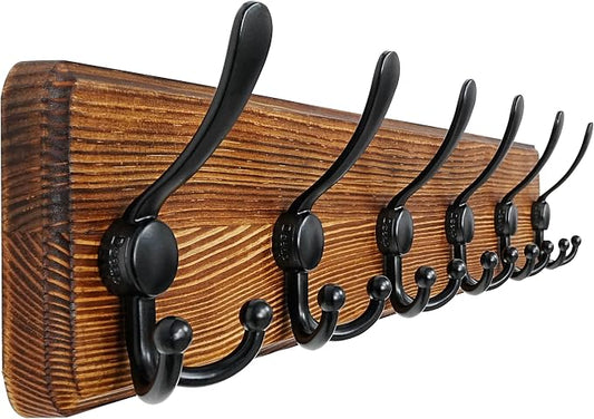 Coat Rack Wall Mounted - 24" Long 6 Tri Hooks, Heavy Duty Wooden Wall Coat Hanger Coat Hook for Clothes Hat Jacket Clothing, Natural and Black
