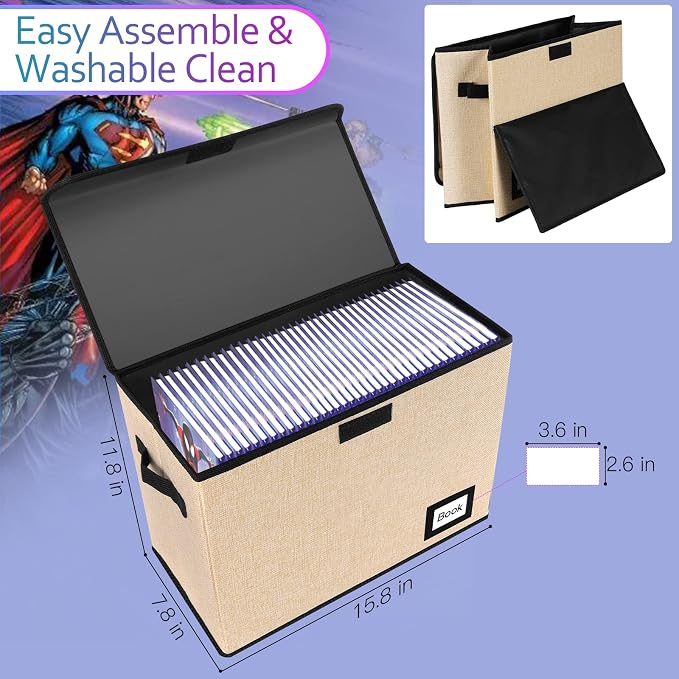 Collection Comic Book Storage Box 15.8" X 7.8" X 11.8", Collapsible Comic Short Box, Holds 160-180 Comic Book, Heavy Duty Bin Container Holder Shelf Protector Organizer (Yellow)