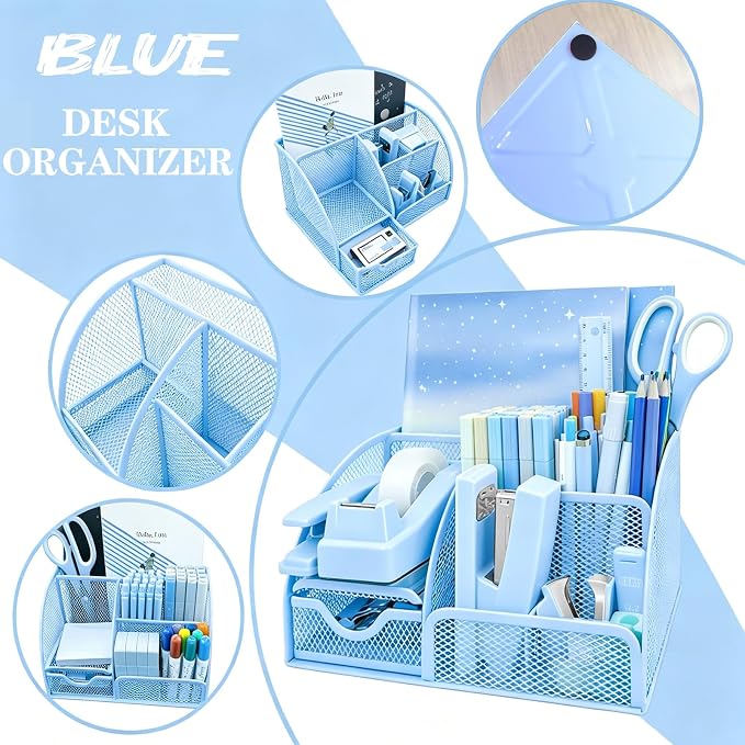Blue Office Supplies, 17Pcs Blue Desk Accessories Set Include Stapler, Mesh Desk Organizer, Tape Dispenser, Staple Remover, Pen Holder, Clips, Pens, Ruler, for Office Home School Women Students Gift