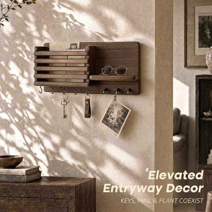 Rebee Vision Key Holder Wall Mount with Mail Slot for Home Decor, Brown | Pine Wood, Round Corner, 8 Key Hooks, Key Holder for Wall, Mail Organizer, Bill Storage, Home Aesthetic