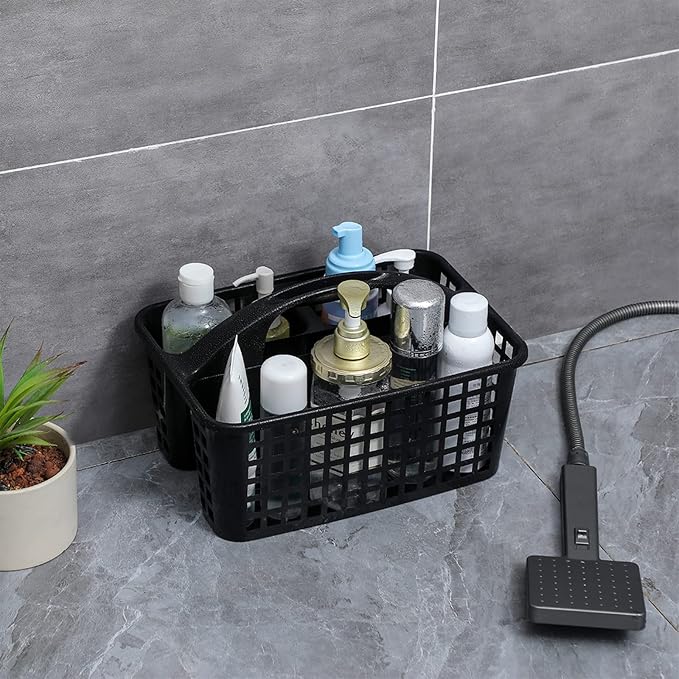 Portable Shower Caddy Basket Plastic Storage Basket with Compartments Black | Sturdy Large Capacity Cleaning Supplies Organizer Divided Tool Bin for Bathroom Kitchen Bedroom College Dorm Essentials