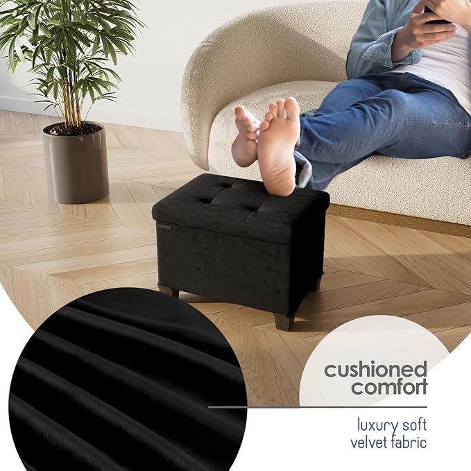Storage Ottoman Cube with Small Bin, 16-in Square Ottoman with Storage for Living Room and Bedroom, Small Ottomans Foot Rest, Velvet Foot Stools Ottomans Max 330lbs, Black