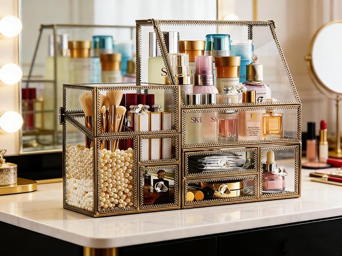 Luxury Glass Makeup Organizer Antique Bronze Metal Frame, Clear Vanity Countertop Storage Case for Cosmetics, Skincare, Perfume, Jewelry, Brush Holder & Drawers for Bathroom, Bedroom, Dressing Table